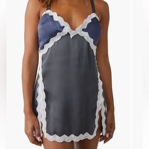 NWT Free people Lace Trim Satin Chemise - Navy and White